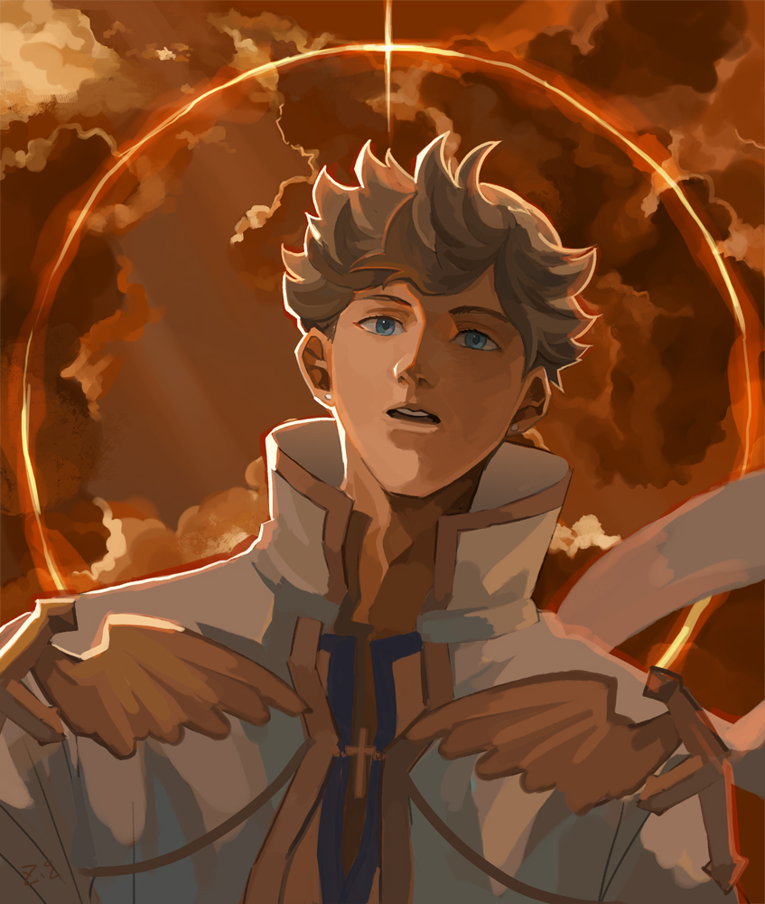 1boy blue_eyes blue_shirt brown_hair cardinal_(ragnarok_online) chinese_commentary clouds coat commentary_request cross cross_necklace dated_commentary expressionless fake_wings golden_wings halo halo_behind_head jewelry looking_at_viewer male_focus medium_bangs necklace open_mouth orange_halo orange_sky ragnarok_online shirt short_hair sky solo teeth upper_body upper_teeth_only white_coat wings z.i