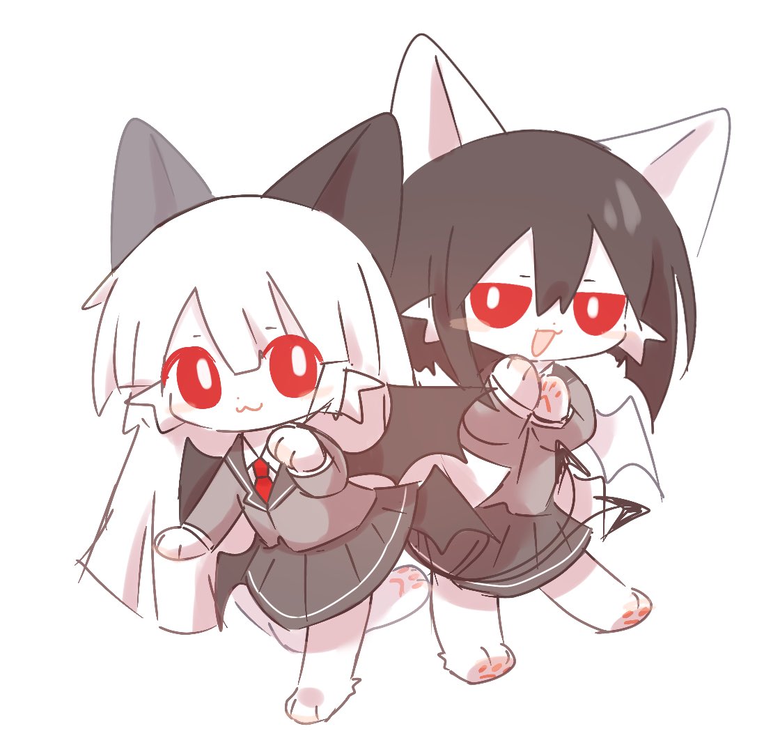 2girls :3 animal_ears animal_feet animal_hands arbus_(funamusea) ater_(funamusea) bat_wings black_hair bright_pupils cat_ears cat_girl chibi closed_mouth collared_shirt colored_skin demon_tail english_commentary funamusea furry furry_female grey_jacket haiiro_teien hair_between_eyes jacket long_hair looking_at_another multiple_girls open_mouth own_hands_together paw_pose red_eyes shirt short_hair simple_background tail tsz_ju2mao1 whiskers white_background white_hair white_pupils white_shirt white_skin wings