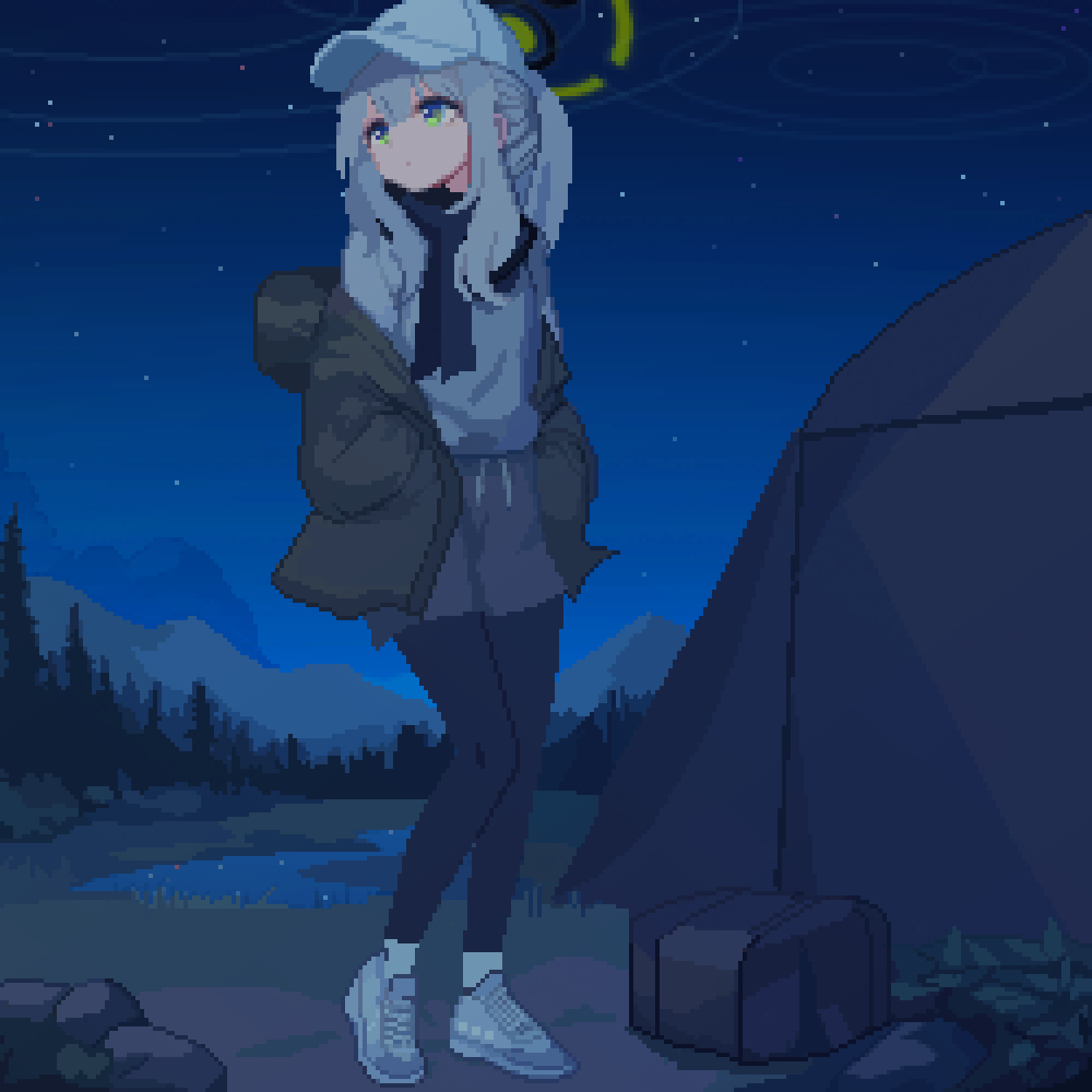 1girl baseball_cap black_pantyhose black_scarf blue_archive brown_jacket camping drawstring forest full_body grass green_eyes grey_hair grey_shorts hair_between_eyes half_updo hare_(blue_archive) hare_(camp)_(blue_archive) hat highres jacket knees_together_feet_apart long_hair long_sleeves looking_to_the_side mountainous_horizon nature night night_sky off_shoulder open_clothes open_jacket outdoors pantyhose pixel_art pond ponytail rock scarf shirt shoes shorts sidelocks sky sneakers solo star_(sky) starry_sky tent tinia_etru white_footwear white_hat white_shirt
