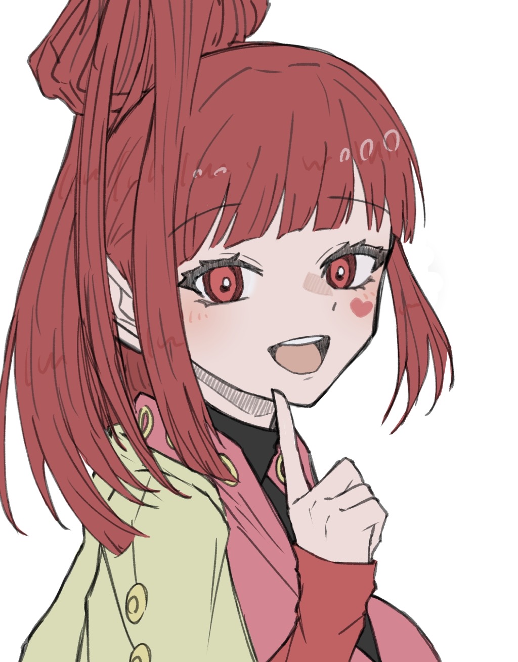 1girl blunt_bangs earrings gnosia happy heart heart_earrings heart_tattoo high_ponytail highres jewelry long_hair long_sleeves looking_at_viewer nail_polish open_mouth red_eyes redhead simple_background smile solo sq_(gnosia) tattoo upper_body user_wahs4747