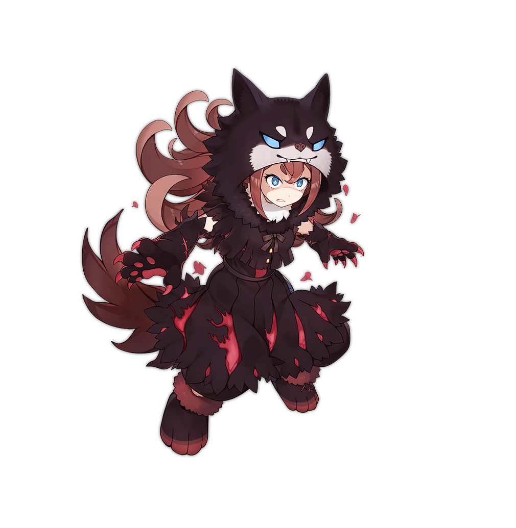 1girl animal_hands animal_hood ark_order black_capelet black_coat black_dress black_footwear blue_eyes boots brown_hair capelet claws coat dark_persona detached_sleeves dress fang fire full_body fur-trimmed_boots fur-trimmed_coat fur-trimmed_dress fur_collar fur_trim gloves hood long_hair long_sleeves mtyy official_art paw_gloves paw_shoes short_eyebrows solo standing tachi-e torn_clothes transparent_background v-shaped_eyebrows werewolf_(ark_order) wolf_hood
