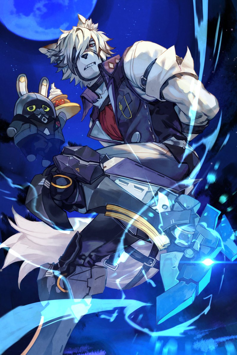 2boys animal_ears armored_boots arms_behind_back bangboo_(zenless_zone_zero) black_vest body_fur boots electricity full_moon furry furry_male hankuri highres moon multiple_boys shirt short_sleeves tail vest von_lycaon white_fur white_hair white_shirt wolf_boy wolf_ears wolf_tail zenless_zone_zero