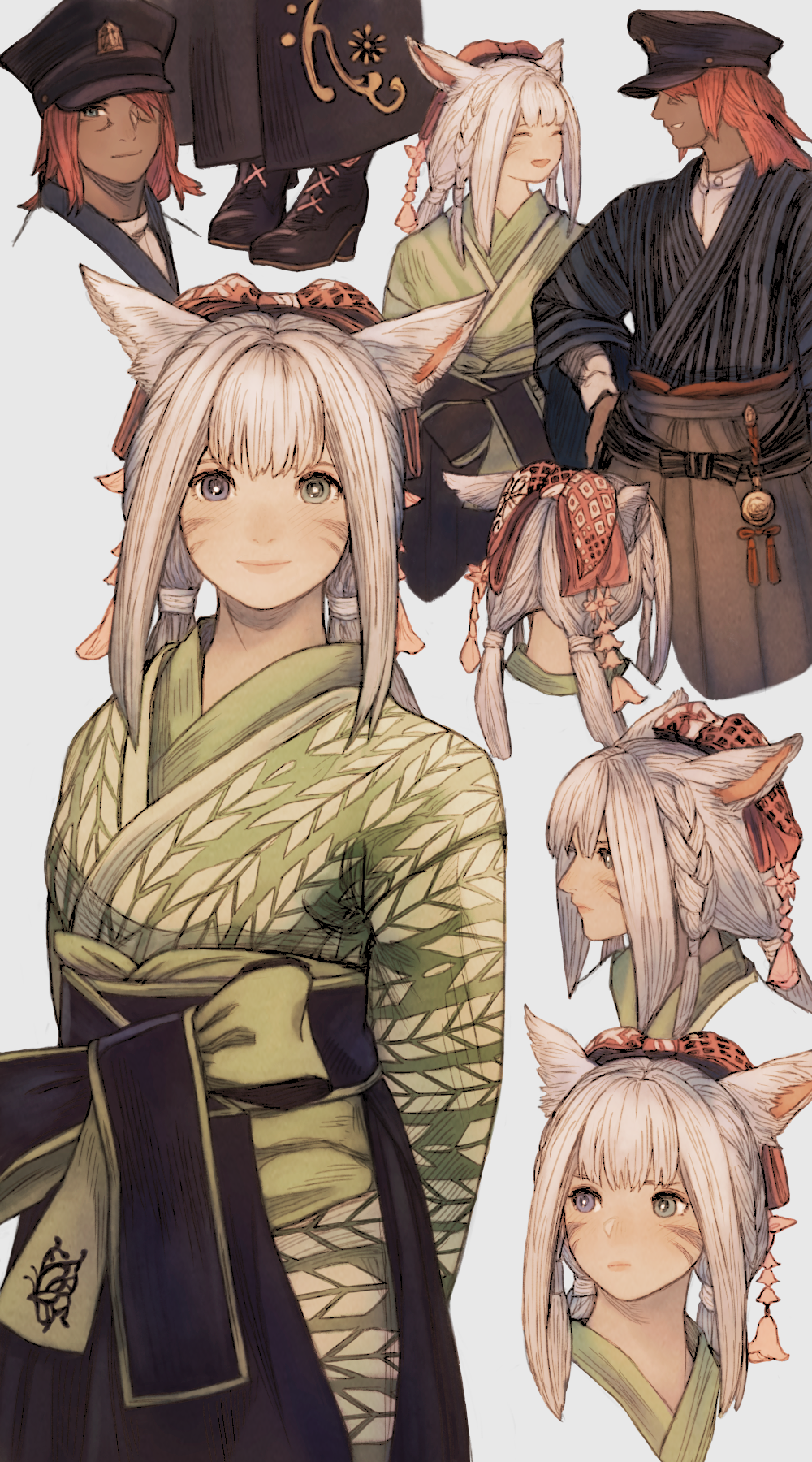1boy 1girl ^_^ animal_ears arms_behind_back black_footwear black_hat black_kimono bow bright_pupils brown_skirt cat_ears closed_eyes commentary_request cross-laced_footwear expressions facial_mark final_fantasy final_fantasy_xiv green_eyes green_kimono hair_bow hakama hakama_skirt hand_on_own_hip heterochromia highres japanese_clothes kimono looking_at_viewer low_twintails maeka_(kumaekake) miqo'te multiple_views obi open_mouth sash simple_background skirt smile standing tassel twintails violet_eyes warrior_of_light_(ff14) white_background white_hair white_pupils