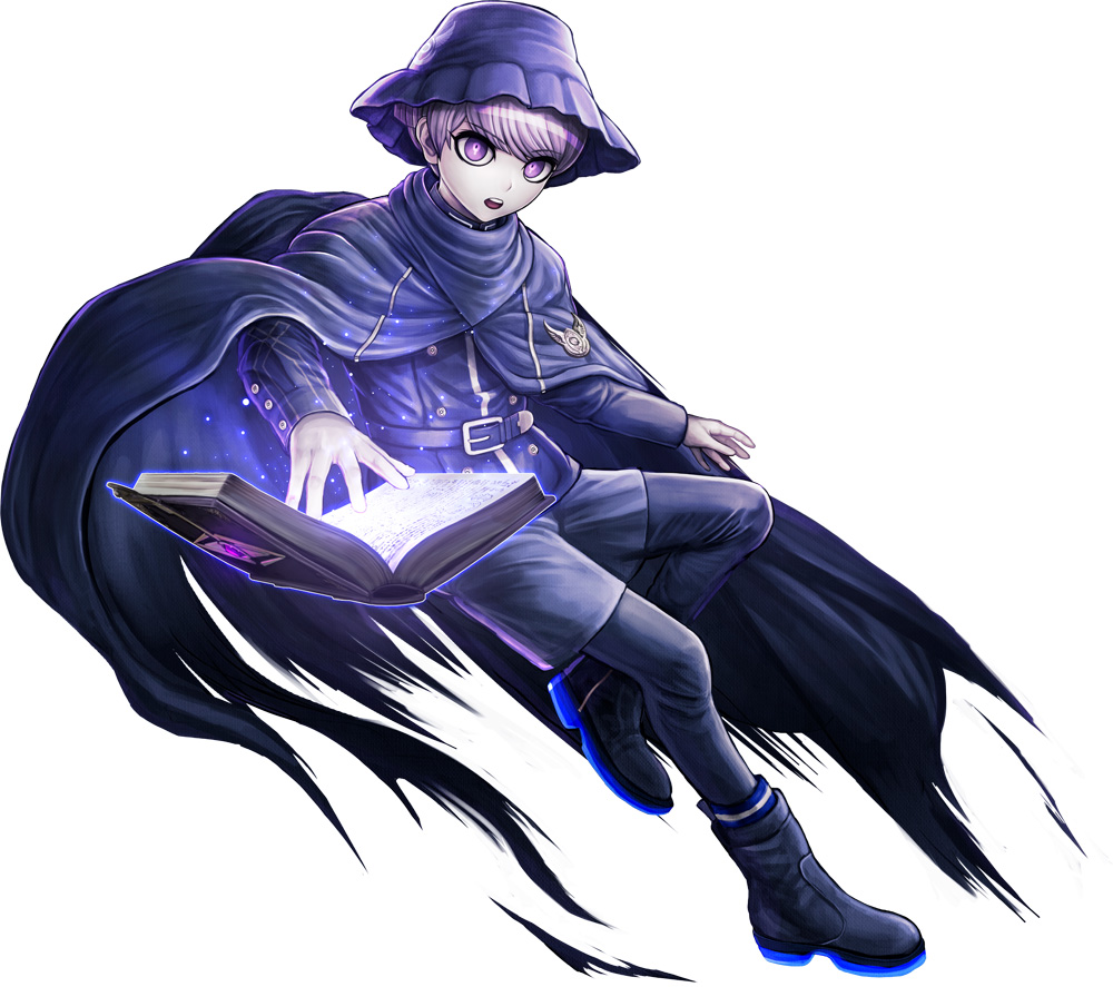 1boy belt black_footwear blue_belt blue_cape blue_jacket blue_shorts book boots cape commentary_request floating floating_object full_body grimoire hat jacket komatsuzaki_rui long_sleeves looking_at_viewer male_focus master_detective_archives:_rain_code official_art open_book open_mouth purple_hair second-party_source short_hair shorts simple_background solo standing standing_on_one_leg symbol-shaped_pupils torn_cape torn_clothes violet_eyes white_background yuma_kokohead