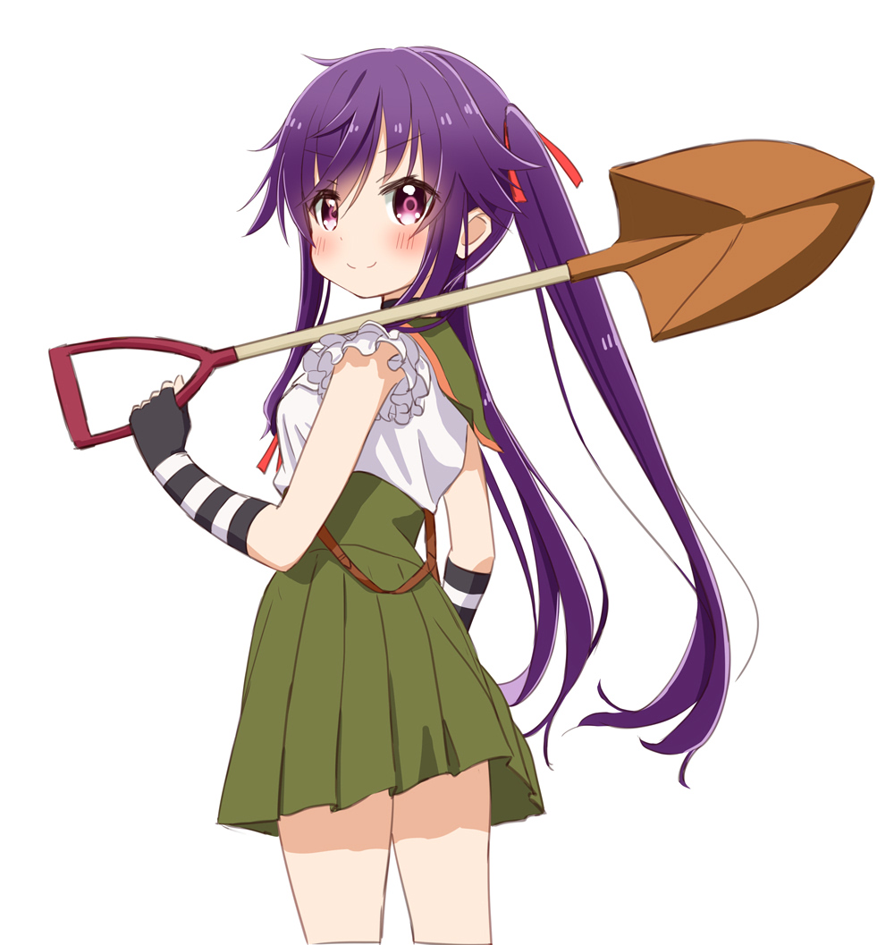 1girl blush closed_mouth commentary_request cowboy_shot ebisuzawa_kurumi elbow_gloves fingerless_gloves frilled_sleeves frills from_side gakkou_gurashi! gloves green_sailor_collar green_skirt hair_ribbon high-waist_skirt holding holding_shovel long_hair looking_at_viewer megurigaoka_high_school_uniform over_shoulder pleated_skirt purple_hair red_ribbon retsumaru ribbon sailor_collar school_uniform shirt shirt_tucked_in short_sleeves shovel simple_background skirt smile solo split_mouth striped_clothes striped_gloves suspenders_hanging turning_head twintails very_long_hair violet_eyes white_background white_shirt