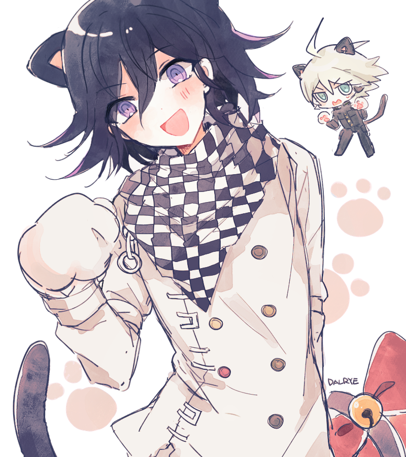 2boys ahoge android animal_ears animal_hands arm_belt artist_name bad_id bad_twitter_id bell belt black_scarf black_tank_top blue_eyes bow buttons cat_ears cat_tail chain checkered_clothes checkered_scarf chibi commentary_request dalrye_v3 danganronpa_(series) danganronpa_v3:_killing_harmony double-breasted gloves hair_between_eyes head_tilt jacket k1-b0 kemonomimi_mode korean_commentary light_blush long_sleeves looking_at_viewer male_focus multicolored_background multiple_boys oma_kokichi open_mouth paw_gloves paw_pose paw_print purple_hair red_bow scarf short_hair simple_background smile solo_focus sweatdrop tail tail_bell tail_bow tail_ornament tank_top two-tone_scarf v-shaped_eyebrows violet_eyes wavy_mouth white_background white_belt white_gloves white_hair white_jacket white_scarf white_sleeves