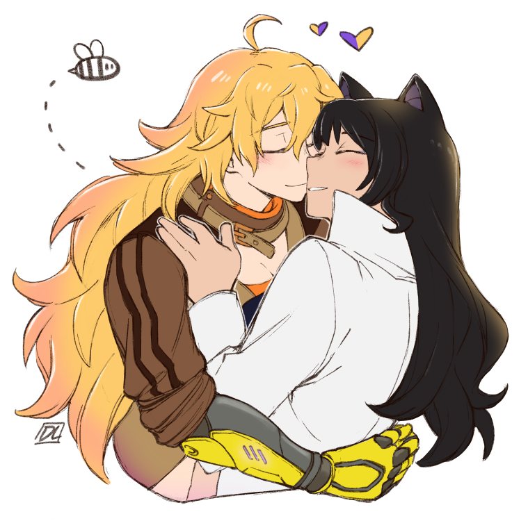 2girls animal_ears bee belt_collar black_hair blake_belladonna blonde_hair blush breasts brown_jacket bug cat_ears closed_eyes collar dlanon ember_celica_(rwby) hand_on_another's_shoulder heart hug jacket large_breasts long_hair multiple_girls prosthesis prosthetic_arm rwby signature tailcoat upper_body white_background white_tailcoat yang_xiao_long yuri