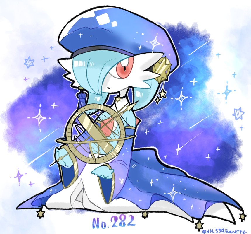 alternate_color artist_name blue_hair blue_headwear bob_cut colored_skin detached_sleeves gardevoir hair_over_one_eye jewelry kneeling looking_at_viewer multicolored_skin necklace nm_354banette parted_lips pink_eyes pokemon pokemon_(creature) shiny_pokemon star_(symbol) star_necklace two-tone_skin white_skin