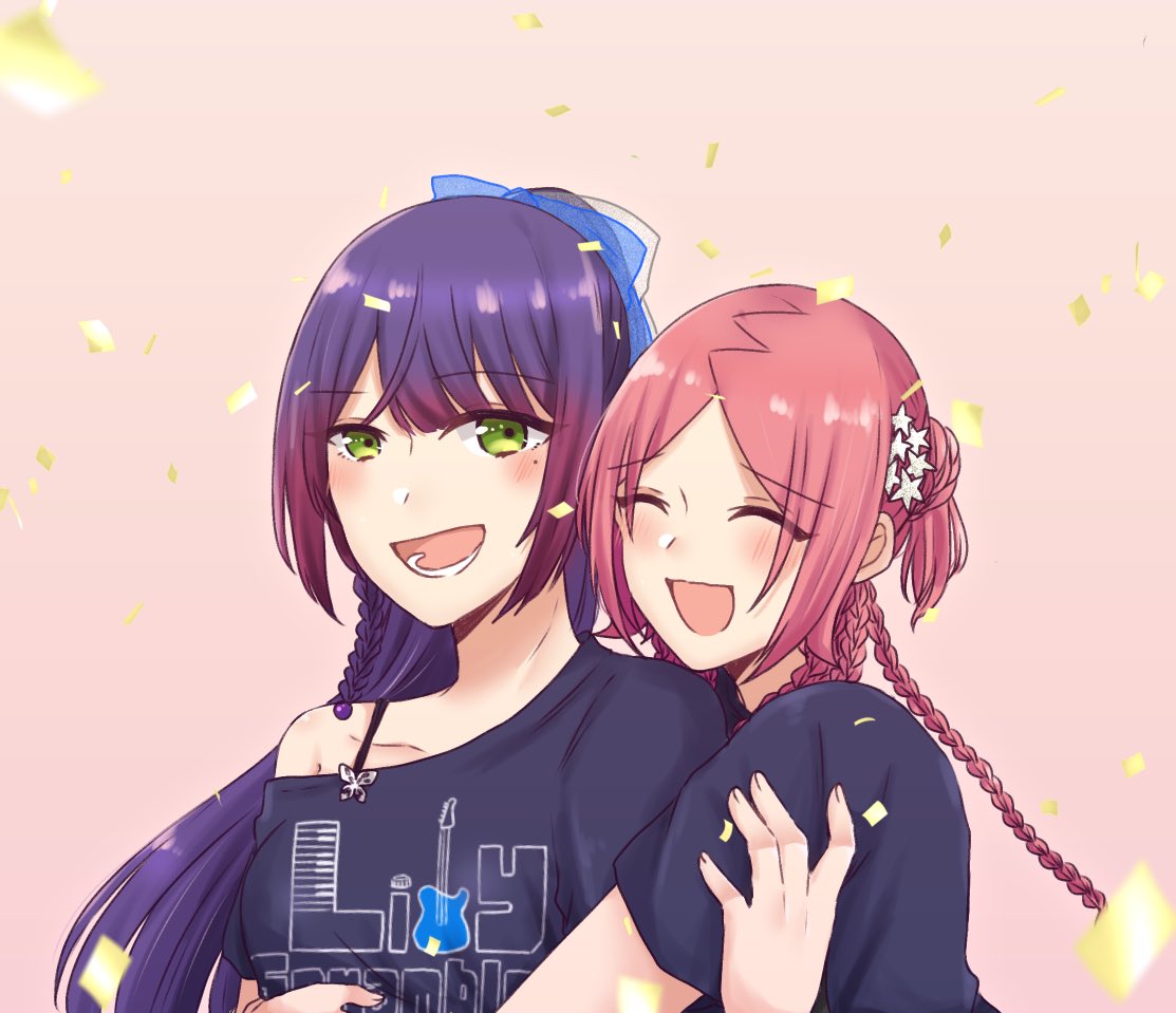 2girls :d ^_^ assault_lily black_shirt blue_bow blush bow braid braided_bun breasts closed_eyes clothes_writing collarbone commentary_request confetti funada_kiito green_eyes hair_bow hair_bun hair_ornament hand_on_another's_arm hand_up high_ponytail hug hug_from_behind long_hair looking_at_viewer lower_teeth_only medium_breasts mole mole_under_eye multiple_braids multiple_girls nigari_(ngari_0115) off_shoulder official_alternate_costume official_alternate_hairstyle open_mouth parted_bangs pink_background ponytail print_shirt purple_hair raised_eyebrows redhead see-through shiba_tomoshibi shirt short_sleeves side_braid simple_background single_bare_shoulder single_side_bun smile star_(symbol) star_hair_ornament teeth upper_body