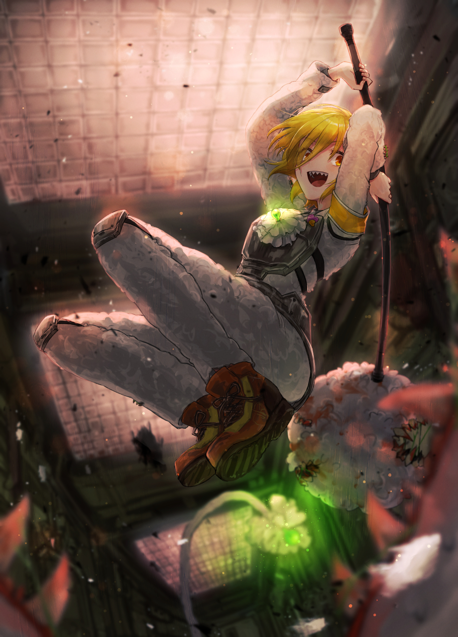 1girl arms_up blonde_hair boots brown_footwear don_quixote_(project_moon) e.g.o_(project_moon) hammer highres holding holding_hammer indoors jacket jumping limbus_company lobotomy_corporation looking_at_viewer meat_lantern_(project_moon) open_mouth project_moon smile solo vest white_jacket wool yellow_eyes york0pm