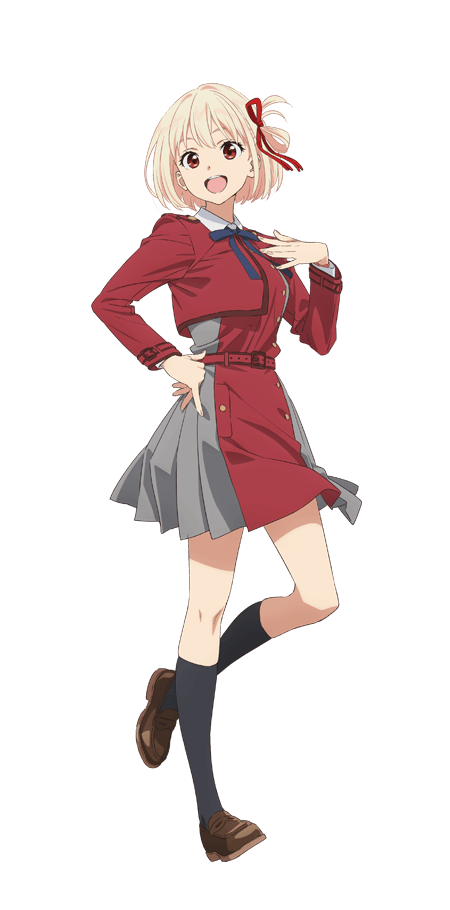 1girl belt black_socks blonde_hair blue_ribbon bob_cut breasts brown_footwear collared_shirt dress full_body grey_dress hair_ribbon hand_on_own_chest hand_on_own_hip kneehighs loafers long_sleeves looking_at_viewer lycoris_recoil lycoris_uniform medium_breasts neck_ribbon nishikigi_chisato official_art one_side_up open_mouth pleated_dress red_belt red_dress red_eyes red_ribbon ribbon shirt shoes short_hair simple_background socks solo standing tachi-e teeth transparent_background two-tone_dress upper_teeth_only white_shirt