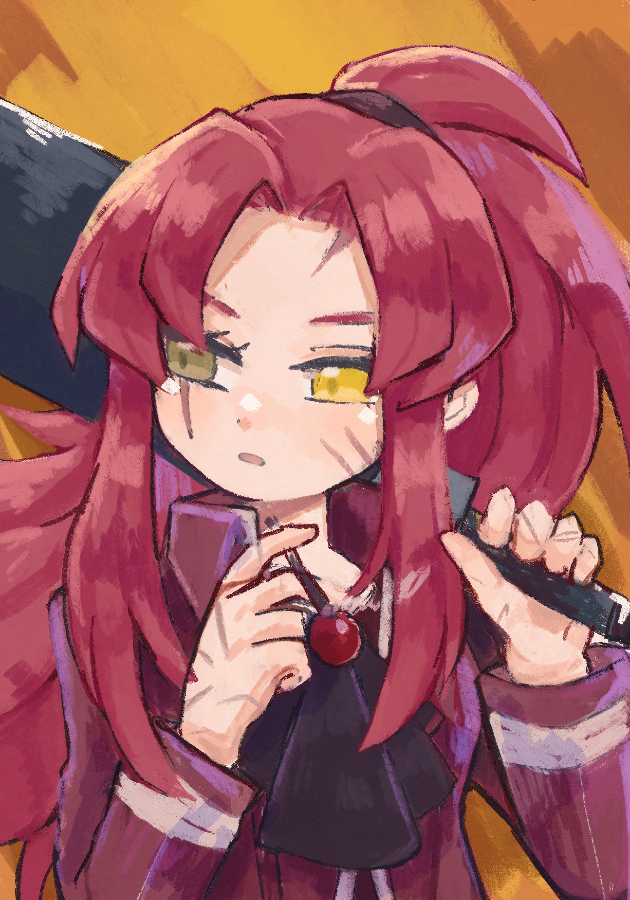 1girl ascot black_ascot coat collared_coat gebura_(project_moon) grey_eyes heterochromia high_ponytail highres holding holding_sword holding_weapon library_of_ruina long_hair long_sleeves looking_to_the_side noconoko open_mouth parted_bangs project_moon red_coat redhead sidelocks solo sword upper_body very_long_hair weapon yellow_eyes