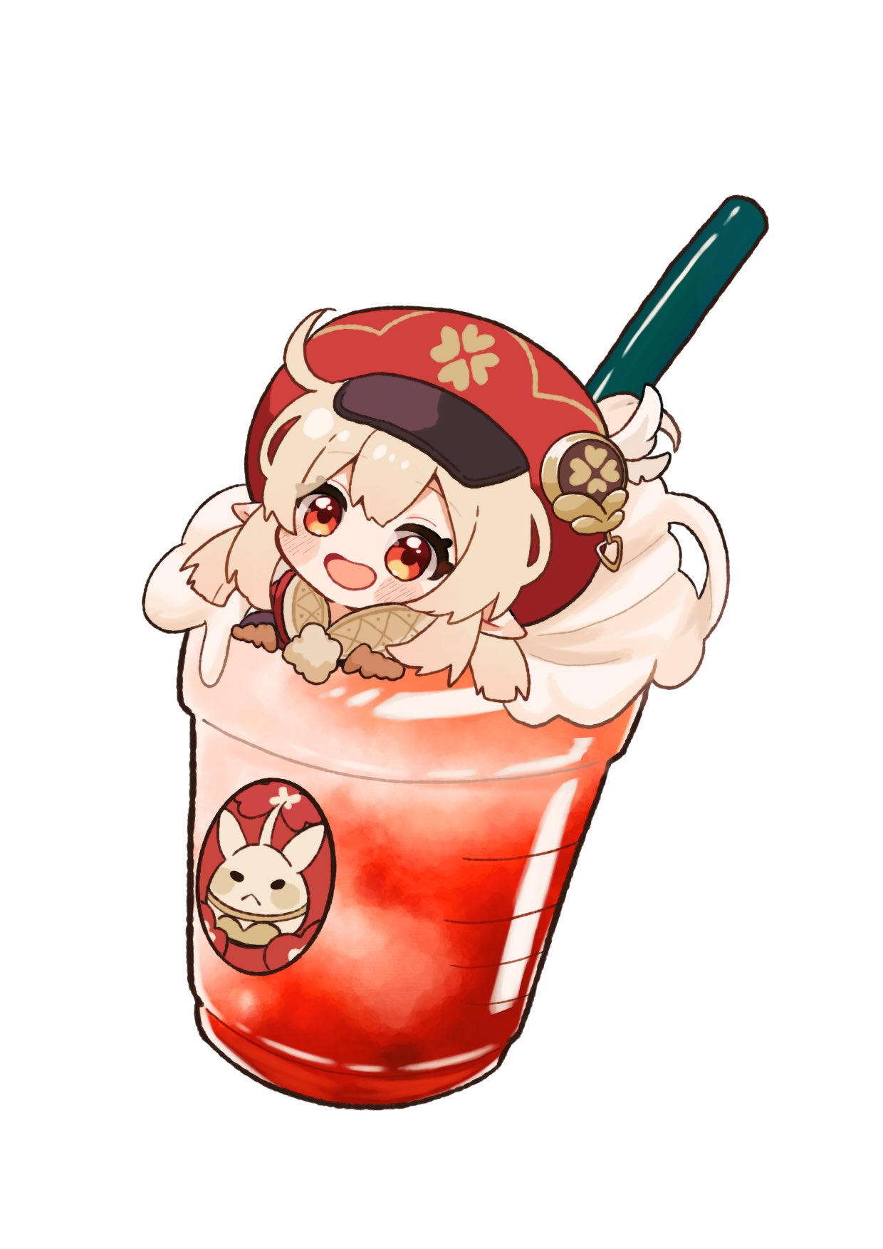 1girl :d ahoge blonde_hair blush brown_gloves cabbie_hat clover_print cup disposable_cup drinking_straw eyelashes genshin_impact gloves hair_between_eyes hands_up hat hat_feather highres in_container in_cup jumpy_dumpty klee_(genshin_impact) kogamo_(user_vajm2737) long_hair long_sleeves looking_at_viewer low_twintails mini_person minigirl open_mouth pointy_ears pom_pom_(clothes) red_eyes red_hat sidelocks simple_background smile solo twintails whipped_cream white_background
