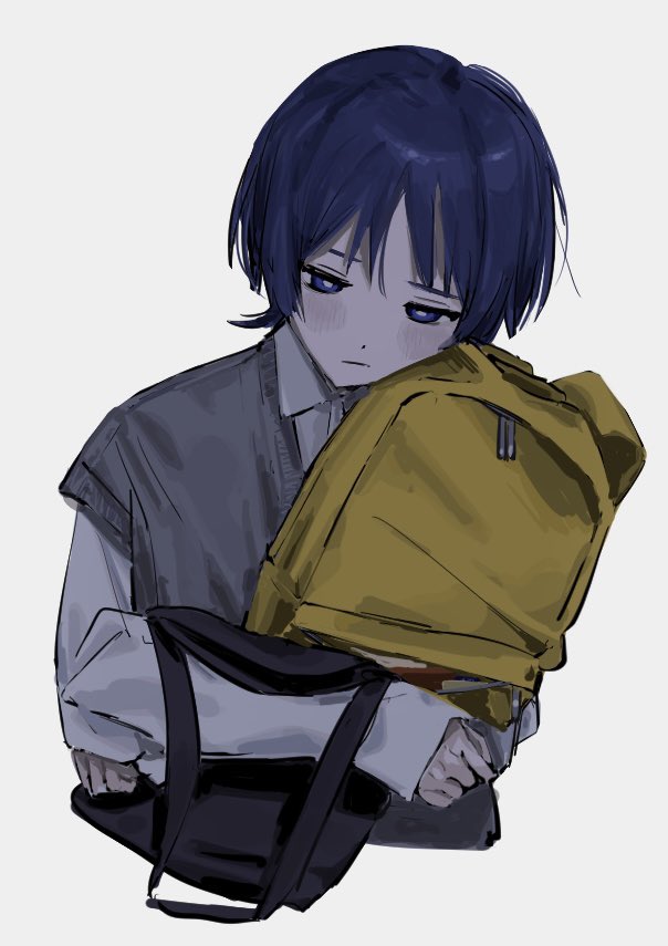 1boy alternate_costume backpack bag blue_eyes blue_hair closed_mouth cropped_torso genshin_impact grey_background grey_sweater_vest holding holding_bag io_spr long_sleeves male_focus scaramouche_(genshin_impact) shirt simple_background solo sweater_vest upper_body white_shirt