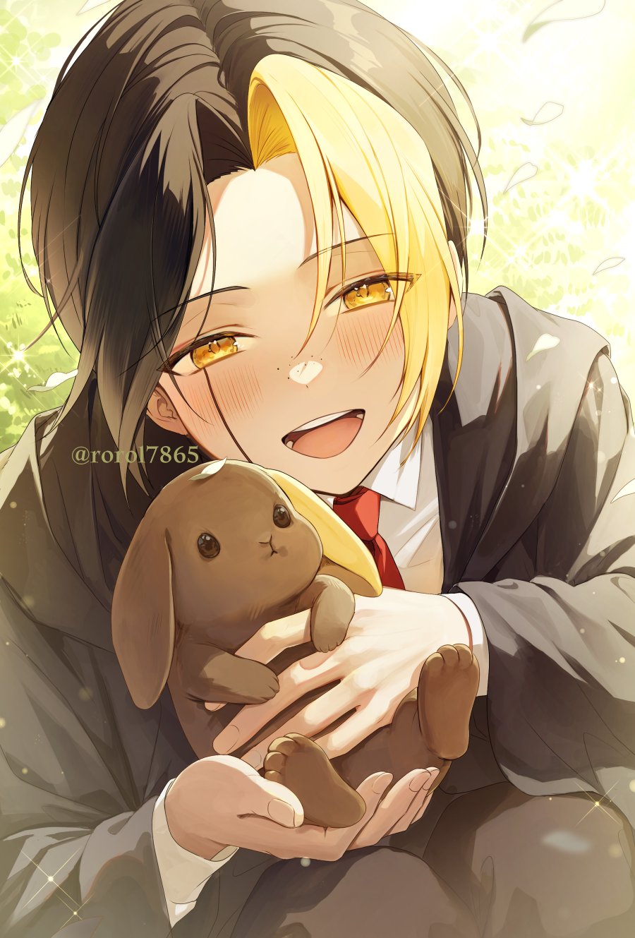 1boy black_hair black_robe collared_shirt facial_mark finn_ames freckles grass highres light long_sleeves looking_at_viewer mashle necktie open_mouth outdoors rabbit red_necktie robe rorol7865 shirt short_hair smile solo teeth yellow_eyes