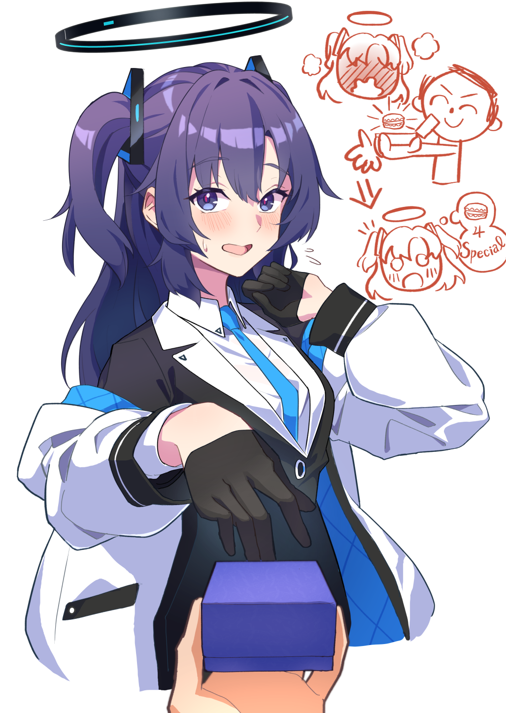 1boy 1girl black_gloves blue_archive blue_necktie blush breasts collared_shirt doodle_sensei_(blue_archive) gloves hair_between_eyes halo highres jacket long_hair long_sleeves looking_at_viewer mechanical_halo medium_breasts necktie open_clothes open_jacket open_mouth purple_hair sensei_(blue_archive) shirt simple_background suit two-sided_fabric two-sided_jacket two_side_up violet_eyes white_background white_jacket white_shirt yuuka_(blue_archive) zilaishui
