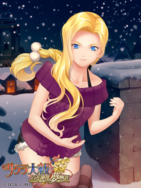 1girl alternate_costume black_shorts blonde_eyebrows blonde_hair blue_eyes braid braided_ponytail brown_socks chimney christmas clock clock_tower collar collarbone commentary copyright_name copyright_notice english_text footprints game_cg glycine_bleumer hair_intakes hair_over_breasts horizontal-striped_socks logo long_hair looking_at_viewer low-tied_long_hair night night_sky official_art on_roof purple_sweater sakura_taisen sakura_taisen_iii sega short_shorts shorts single_braid sky sleeveless smile snow snowing socks strap striped_clothes sweater thigh-highs tower window yuasa_tsugumi
