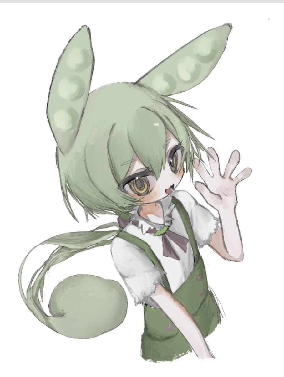 1girl :3 blush brooch commentary_request cropped_arm cropped_torso green_hair green_suspenders hair_between_eyes hand_up highres jewelry long_hair looking_at_viewer low_ponytail neck_ribbon ponytail ribbon semi_ame_shigure shirt smile solo suspenders tsurime very_long_hair voicevox waving white_background white_shirt yellow_eyes zundamon