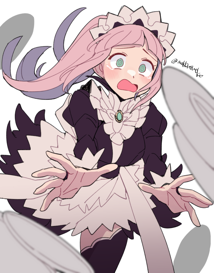1girl apron black_dress black_thighhighs blush brooch do_m_kaeru dress feather_trim felicia_(fire_emblem) fire_emblem fire_emblem_fates floating_hair frills green_eyes jewelry juliet_sleeves long_hair long_sleeves looking_at_viewer maid maid_headdress open_mouth pink_hair plate ponytail puffy_sleeves sidelocks simple_background solo tearing_up thigh-highs twitter_username waist_apron white_apron white_background
