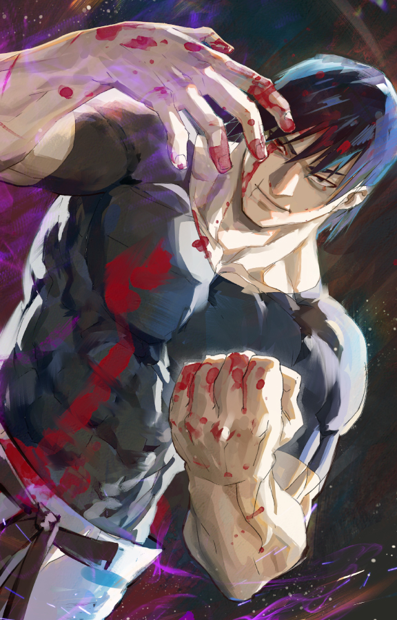 1boy black_hair blood blood_on_hands blood_on_pectorals clenched_hand cowboy_shot dutch_angle fighting_stance fushiguro_touji jujutsu_kaisen light_smile looking_at_viewer male_focus mature_male muscular muscular_male pants pectorals scar scar_on_face scar_on_mouth shirt short_hair smile solo tight_clothes tight_shirt yugen99
