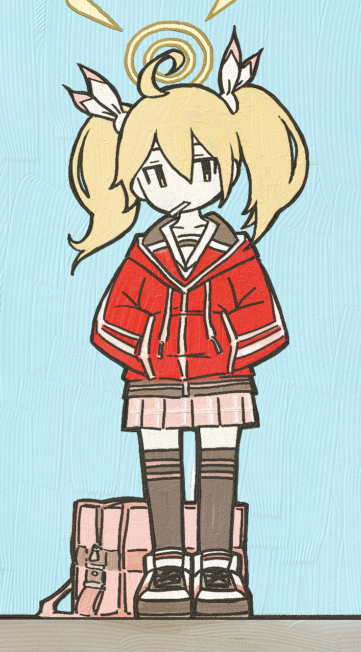 1girl bag black_thighhighs blonde_hair blue_archive blue_background expressionless full_body hair_ribbon halo hands_in_pockets highres hood hood_down hoodie jitome long_hair long_sleeves looking_at_viewer mouth_hold pink_skirt plaid plaid_skirt pleated_skirt red_hoodie ribbon school_bag seabearsnake shoes simple_background skirt sneakers solo standing thigh-highs twintails unworn_bag white_ribbon yellow_eyes yoshimi_(blue_archive)
