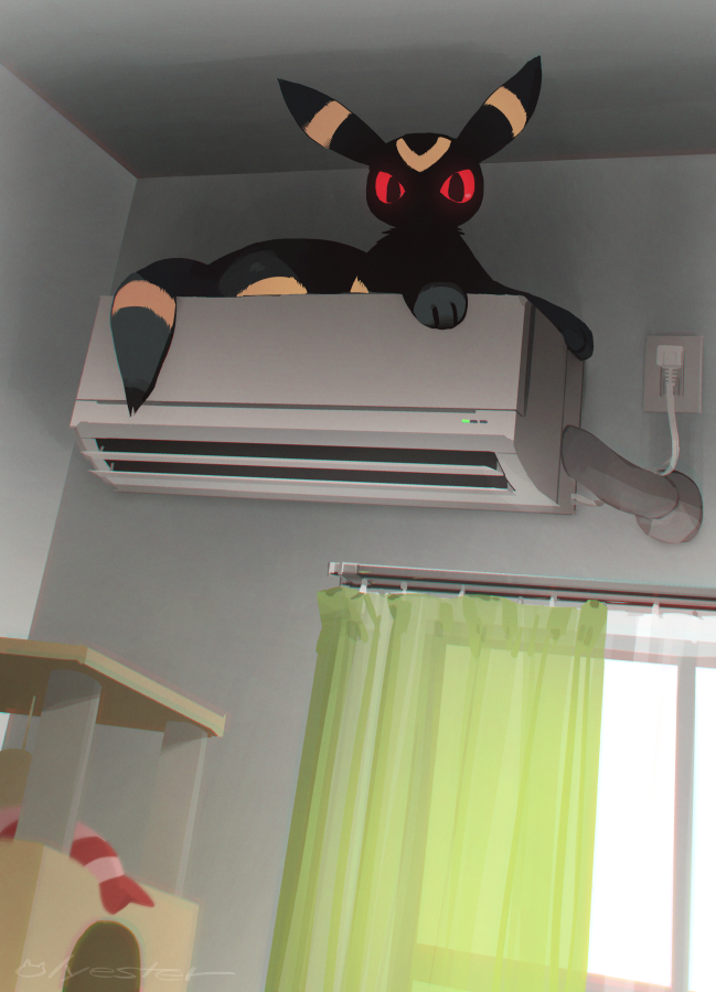 air_conditioner creature curtains english_commentary full_body glowing glowing_eyes indoors looking_at_viewer nagasaki_wonderful no_humans plug pokemon pokemon_(creature) red_eyes signature sitting solo umbreon window