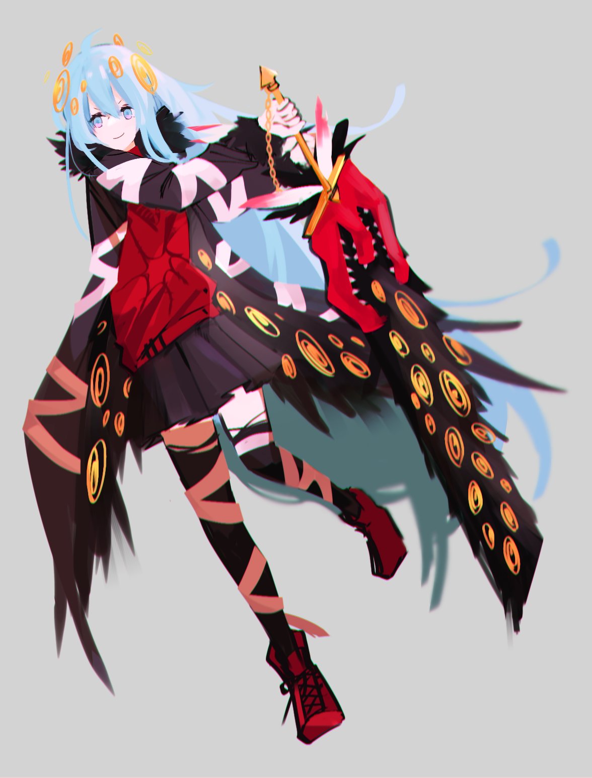 0o0onnk 1girl bandaged_arm bandaged_leg bandages black_coat black_skirt black_thighhighs black_wings coat e.g.o_(project_moon) employee_(project_moon) extra_eyes full_body highres holding holding_sword holding_weapon lobotomy_corporation low_wings project_moon red_footwear red_sweater shoes simple_background skirt solo sweater sword thigh-highs weapon white_background wings