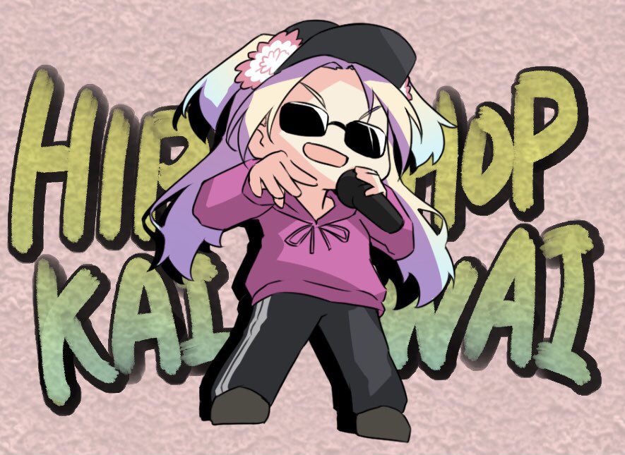 1girl alternate_hair_color azukilib baseball_cap black_hat black_pants blue_hair chibi chibi_only commentary_request drawstring drop_shadow english_text flat_chest flower full_body glasses grey_footwear hair_intakes hands_up happy hat hat_flower holding holding_microphone hood hood_down hooded_sweater legs_apart link!_like!_love_live! long_hair long_sleeves love_live! microphone mixed-language_text multicolored_hair music open_mouth osawa_rurino pants pince-nez pink_background pink_flower pink_sweater purple_hair romaji_text shoes sidelocks singing smile solo standing sunglasses sweater text_background text_focus track_pants translation_request twintails two-tone_hair two_side_up v-shaped_eyebrows