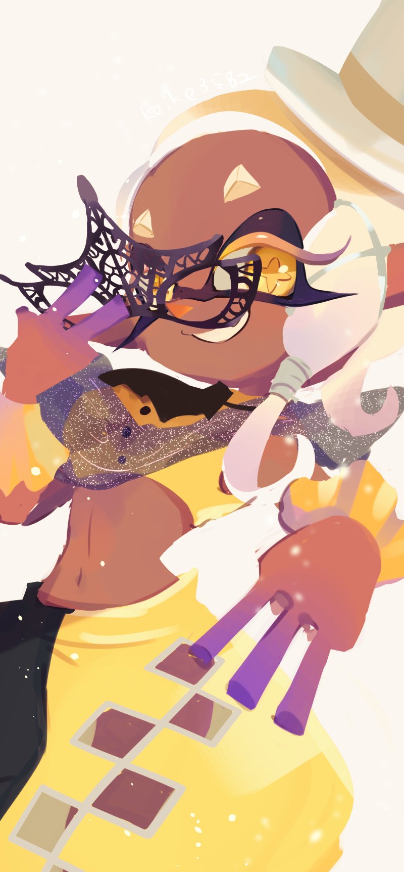 1girl ascot asymmetrical_hair black_ascot black_pants blonde_hair breasts buttons colored_eyelashes colored_skin crop_top cross-shaped_pupils dark-skinned_female dark_skin diamond_cutout domino_mask frye_(splatoon) gradient_hair gradient_skin grin hand_up harem_outfit hat highres holding holding_mask koike3582 long_hair long_pointy_ears mask medium_breasts multicolored_hair multicolored_skin navel official_alternate_costume pants pointy_ears purple_skin shirt short_eyebrows simple_background smile solo splatoon_(series) splatoon_3 split-color_clothes symbol-shaped_pupils tentacle_hair top_hat two-tone_pants two-tone_skin unworn_mask white_background white_hair white_hat yellow_eyes yellow_pants yellow_pupils yellow_shirt