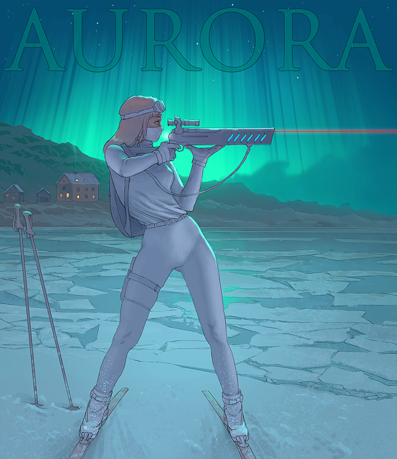 1girl aiming aurora backpack bag bodysuit commentary commission energy_gun english_commentary goggles goggles_on_head gun holding holding_gun holding_weapon house ice landscape laser_rifle long_hair looking_to_the_side mask mouth_mask night original outdoors redhead scenery skiing skis sky solo standing steven_stahlberg weapon white_bag white_bodysuit