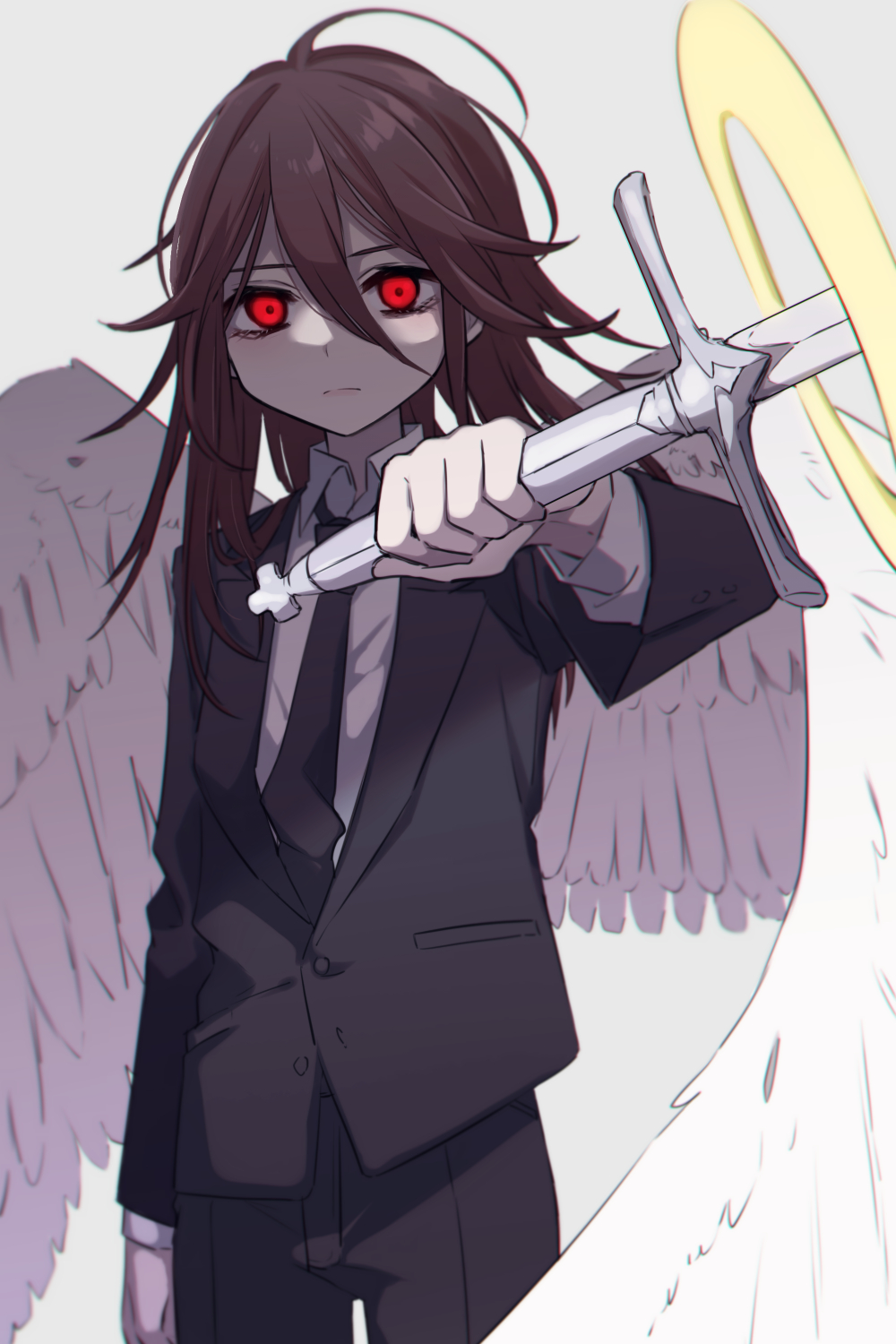 1boy ahoge androgynous angel angel_devil_(chainsaw_man) angel_wings arm_at_side black_jacket black_necktie black_pants black_suit chainsaw_man closed_mouth collared_shirt feathered_wings foreshortening glowing glowing_eyes grey_background hair_between_eyes halo highres holding holding_sword holding_weapon jacket large_wings leftporygon light long_bangs long_hair long_sleeves looking_at_viewer necktie pants red_eyes redhead serious shirt solo standing suit suit_jacket sword weapon white_shirt white_wings wings yellow_halo