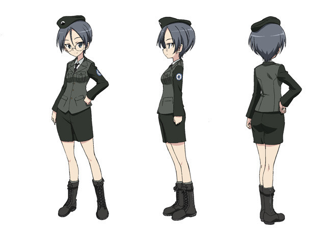 1girl blue_eyes boots closed_mouth concept_art emblem from_behind from_side girls_und_panzer grey_hair japanese_tankery_league_(emblem) kneepits miniskirt multiple_views official_art rimless_eyewear round_eyewear rumi_(girls_und_panzer) selection_university_(emblem) selection_university_military_uniform short_hair simple_background skirt white_background