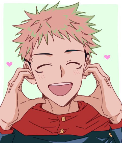 1boy ^_^ bad_id bad_twitter_id blush close-up closed_eyes commentary facial_mark heart hood hoodie itadori_yuuji jujutsu_kaisen male_focus nackseojang open_mouth pink_hair red_hoodie short_hair simple_background smile solo spiky_hair symbol-only_commentary teeth upper_teeth_only