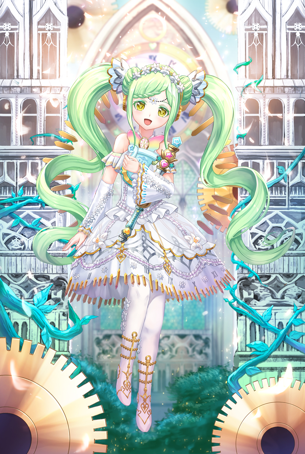 1girl :d bad_id bad_pixiv_id braid braided_bangs castle clock clock_tower detached_sleeves dress falala_a_larm floral_print flower full_body gears gold_trim green_hair hair_flower hair_ornament hand_up harp head_chain headphones highres idol_time_pripara instrument long_hair looking_at_viewer lunacle open_mouth petals plant pretty_series print_dress pripara smile solo standing tower twintails very_long_hair vines white_dress white_flower wide_sleeves yellow_eyes