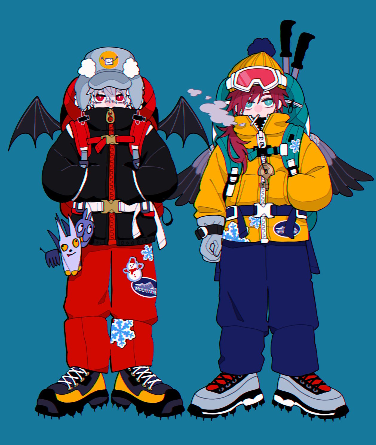 2boys backpack bag bat_wings beanie black_footwear black_jacket black_wings blue_background blue_headwear blue_pants boots bright_pupils cigarette covered_mouth fashion feathered_wings full_body fur_hat gloves goggles goggles_on_headwear grey_footwear grey_wings hand_in_pocket hands_in_pockets hat high_collar highres hiking_pole jacket kuzuha_(nijisanji) lauren_iroas looking_ahead looking_at_viewer male_focus multiple_boys nasi_w2 nijisanji pants partially_unzipped red_bag red_eyes red_pants redhead simple_background smoke_trail smoking standing sticker_on_clothes too_many_stickers ushanka white_gloves white_pupils wings winter_clothes yellow_headwear yellow_jacket zipper