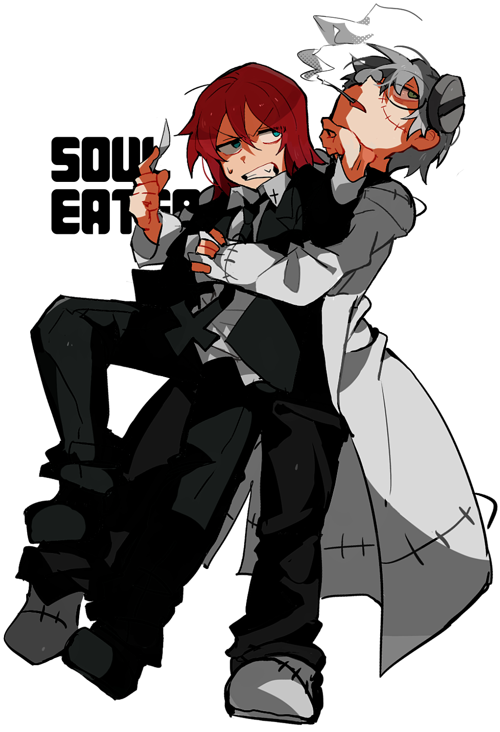 2boys black_coat black_pants blue_eyes cigarette clenched_teeth coat collared_shirt franken_stein_(soul_eater) glasses grey_hair hayotukiaeya highres holding_scalpel lab_coat multiple_boys object_through_head pants redhead screw_in_head shirt soul_eater spirit_albarn stitched_face stitches sweatdrop teeth white_background