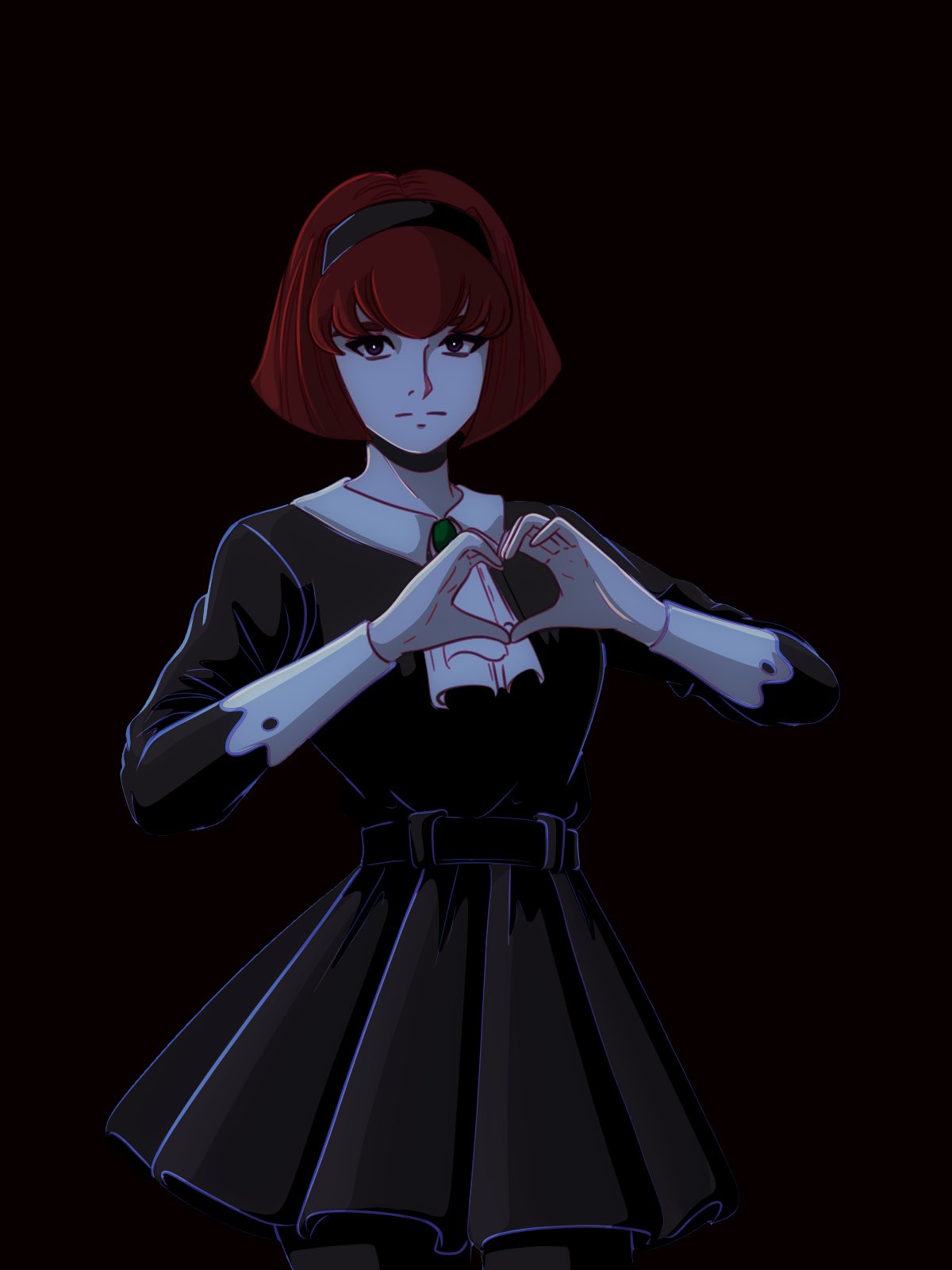 1girl ascot black_dress black_eyes black_hairband bob_cut bright_pupils dress expressionless hairband heart heart_hands highres long_sleeves looking_at_viewer megadeus_mommy pale_skin r_dorothy_wayneright redhead short_hair solo the_big_o