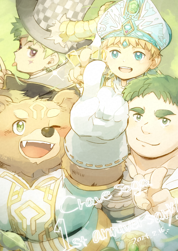 4boys animal_ears anniversary armor bear_boy bear_ears blonde_hair blue_eyes blush crave_saga dated demon_horns facial_mark fangs focalor_(crave_saga) gab_(crave_saga) gloves green_eyes green_hair hat hiratai_tori horns male_focus mitre multiple_boys nine_(crave_saga) one_eye_closed open_mouth pointing pointing_at_viewer pointing_up shmiel_(crave_saga) short_hair single_horn smile sparkle thick_eyebrows tongue tongue_out top_hat violet_eyes