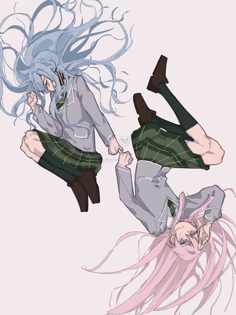 2girls bang_dream! bang_dream!_it's_mygo!!!!! blue_hair brown_footwear chihaya_anon chinese_commentary closed_mouth collared_shirt commentary_request dated dated_commentary from_above full_body green_necktie green_skirt green_socks grey_background grey_jacket hanemi haneoka_school_uniform jacket kneehighs loafers long_sleeves looking_at_viewer looking_up lying multiple_girls necktie on_side pink_hair pinky_swear plaid plaid_skirt pleated_skirt school_uniform shirt shoes simple_background skirt socks togawa_sakiko two_side_up white_shirt