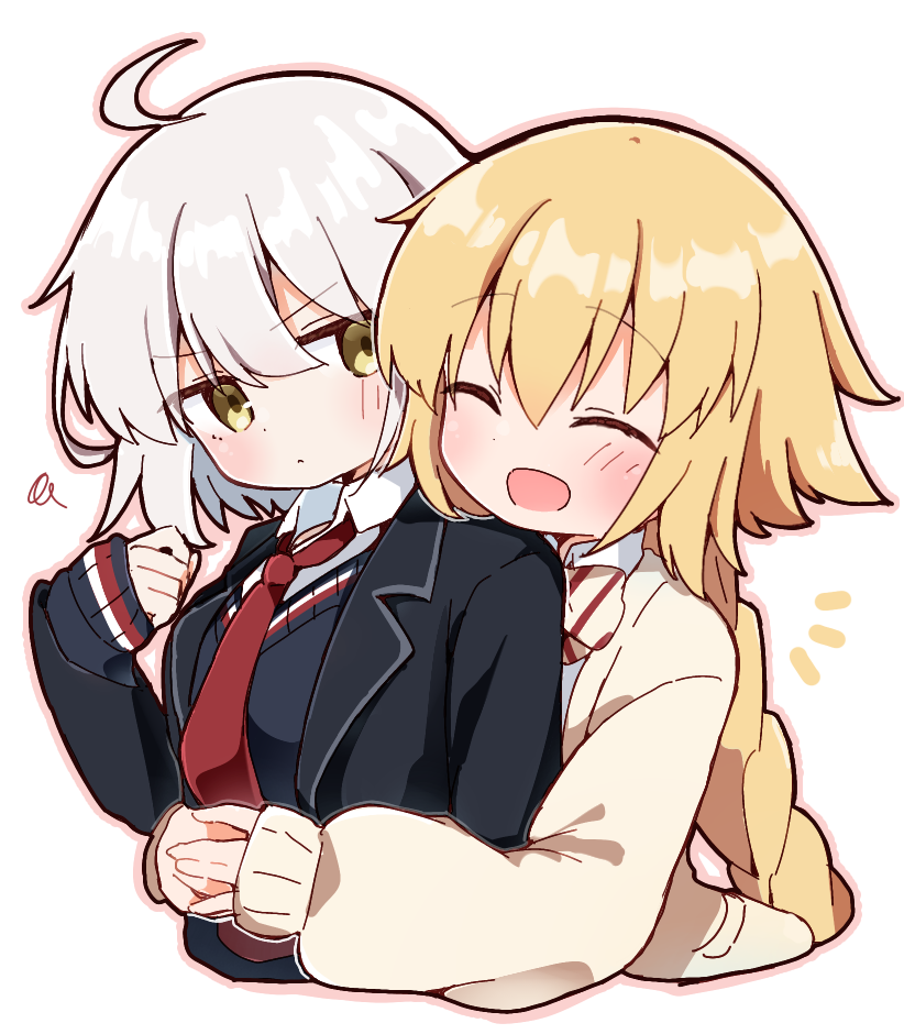 2girls ahoge black_cardigan black_jacket blonde_hair blush bow bowtie braid cardigan closed_eyes closed_mouth collared_shirt commentary_request fate/grand_order fate_(series) hug hug_from_behind jacket jeanne_d'arc_(fate) jeanne_d'arc_alter_(fate) long_hair looking_at_another looking_to_the_side multiple_girls necktie official_alternate_costume open_clothes open_jacket open_mouth rabiiandrain red_necktie school_uniform shirt short_hair simple_background sleeves_past_wrists smile uniform very_long_hair white_background white_hair white_shirt yellow_eyes yellow_jacket