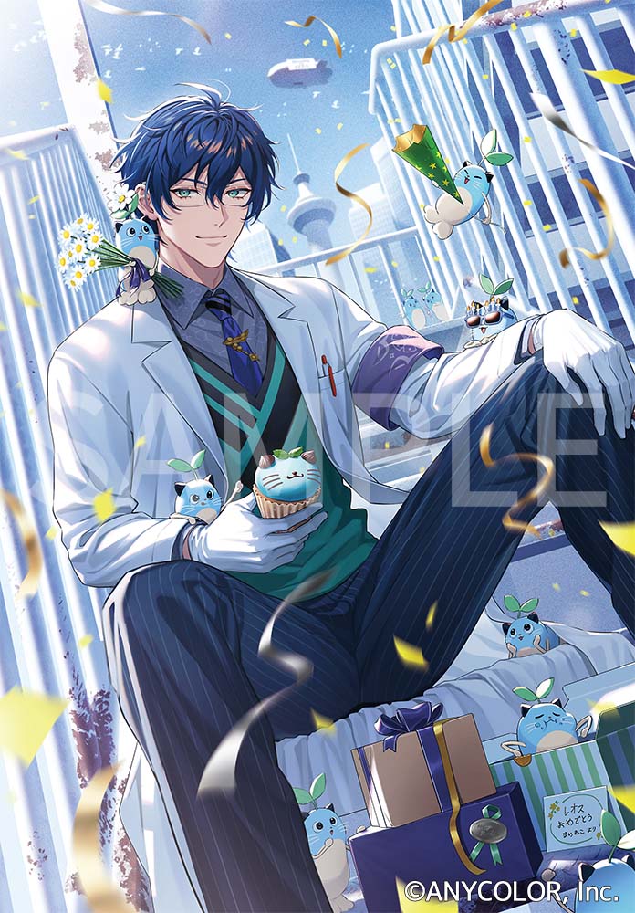 1boy 8ya_nagi aircraft animal_on_shoulder aqua_sweater_vest blue_hair blue_pants box building cat city closed_mouth coat collared_shirt confetti copyright_notice cupcake daisy day feet_out_of_frame flower food food_art gift gift_box glasses gloves green_eyes grey_shirt hair_between_eyes hand_on_own_knee holding holding_flower holding_food holding_party_popper lab_coat leos_vincent looking_at_viewer male_focus mameneko_(leos_vincent) motion_blur necktie nijisanji official_art open_clothes open_coat pants party_popper pen pinstripe_pants pinstripe_pattern purple_armband purple_necktie railing sample_watermark shirt short_hair sitting sitting_on_stairs smile spread_legs stairs streamers sweater_vest tie_clip virtual_youtuber watermark white_coat white_flower white_gloves
