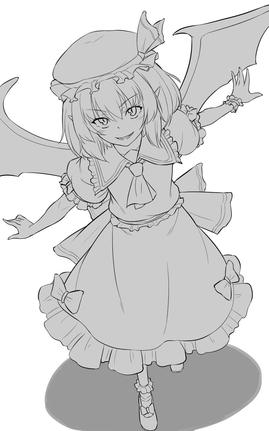 1girl ascot bat_wings bow commentary frilled_skirt frills full_body greyscale hat hat_ribbon highres kakone looking_at_viewer mob_cap monochrome one-hour_drawing_challenge open_mouth pointy_ears remilia_scarlet ribbon shirt short_hair short_sleeves simple_background skirt slit_pupils smile socks solo touhou wings wrist_cuffs