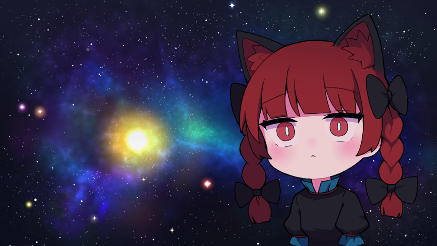 1girl aki_inu animal_ear_fluff animal_ears black_bow blush bow cat_ears closed_mouth confused dress frilled_dress frills green_dress hair_bow kaenbyou_rin meme puffy_short_sleeves puffy_sleeves red_eyes redhead short_sleeves solo space_cat_(meme) touhou