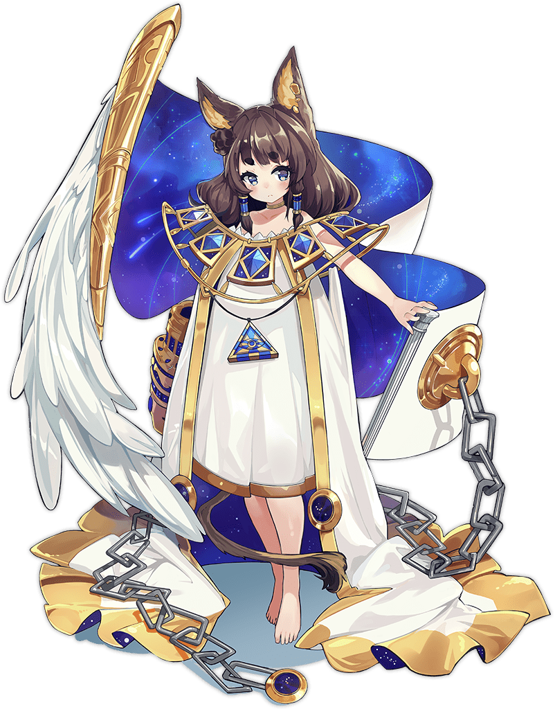 1girl animal_ear_fluff animal_ears ankh ark_order barefoot blue_eyes brown_hair cane cape chain choker constellation_print dress ear_piercing eye_of_horus feathered_wings feathers fox_ears full_body gold_trim hair_tubes jewelry lion_tail long_hair looking_at_viewer mao_ren_tv_xiao_z official_art piercing pillar short_eyebrows sidelocks single_wing solo sphinx_(ark_order) tachi-e tail transparent_background two-sided_cape two-sided_fabric white_cape white_dress white_feathers white_wings wings