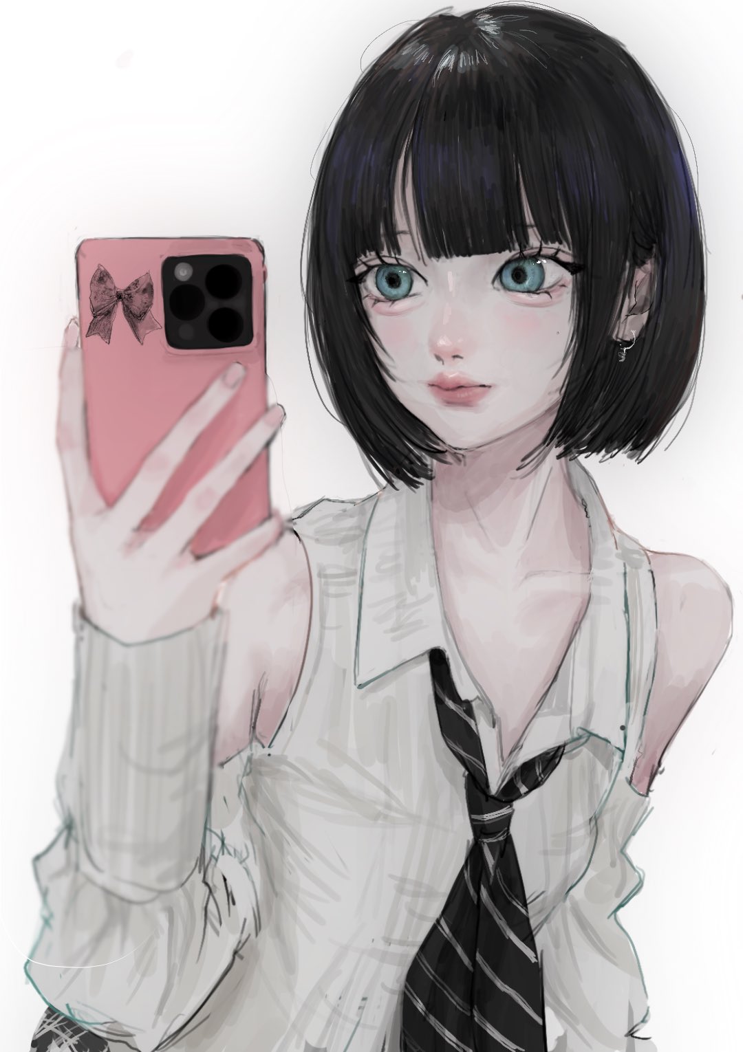1girl aegyo_sal amaru black_hair blue_eyes blunt_bangs blurry bob_cut cellphone closed_mouth clothing_cutout depth_of_field earrings highres holding holding_phone jewelry long_sleeves phone photo-referenced real_life selfie shirt short_hair shoulder_cutout simple_background skull_(person) smartphone solo upper_body white_background white_shirt