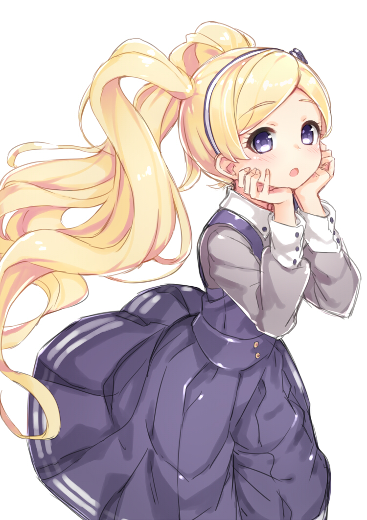 1girl :o blonde_hair blush collar collared_shirt cowboy_shot dot_nose dress emily_stewart eyelashes fluffy_hair hair_ribbon hairband hands_on_own_cheeks hands_on_own_face head_rest idolmaster idolmaster_million_live! idolmaster_million_live!_theater_days kuresuku_(lessons) long_hair long_sleeves looking_at_viewer parted_bangs purple_dress ribbon shirt sidelocks simple_background solo twintails very_long_hair violet_eyes wavy_hair white_background white_collar wind wind_lift