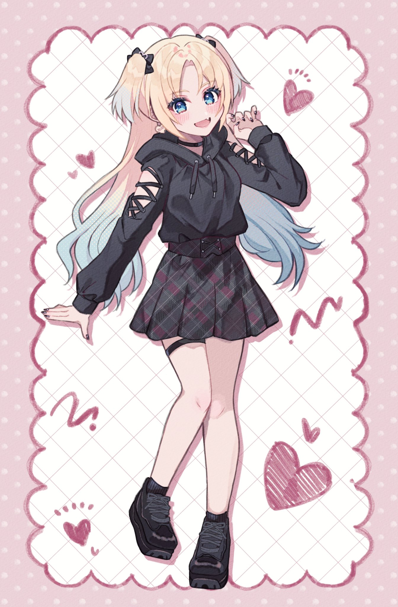 1girl :d alternate_costume arm_cutout black_bow black_footwear black_hoodie black_nails black_skirt blonde_hair blue_eyes blue_hair blush border bow commentary_request fang full_body gradient_hair grid_background hair_bow hand_up heart highres hood hoodie hoodie_tucked_in inset_border light_blue_hair link!_like!_love_live! long_hair looking_at_viewer love_live! miniskirt multicolored_hair open_mouth osawa_rurino outside_border parted_bangs pink_border plaid plaid_skirt pleated_skirt polka_dot polka_dot_border shimada_(smd_dms) shoes sidelocks skirt smile sneakers solo standing thigh_strap twintails virtual_youtuber white_background