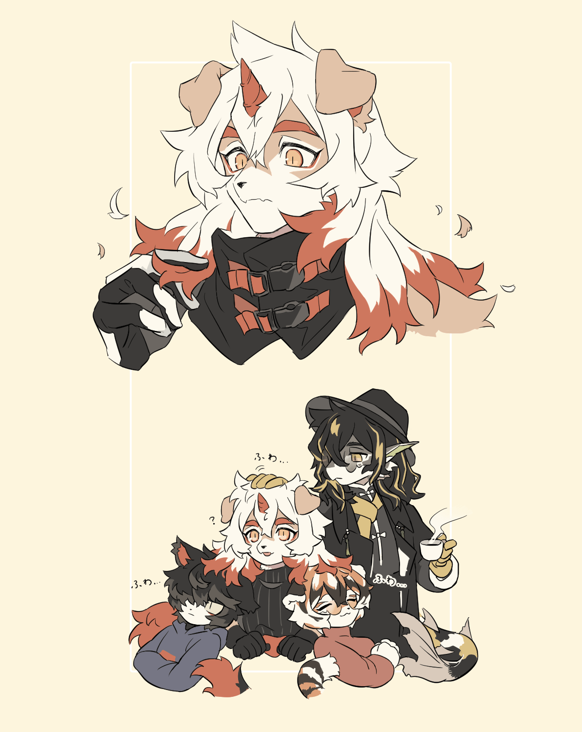 1girl 3boys aak_(arknights) animal_ears arknights black_coat black_gloves black_hair black_hat black_pants blue_sweater cat_boy cat_ears closed_mouth coat cup dog_boy dog_ears dragon_boy furry furry_female furry_male gloves hair_between_eyes hand_on_another's_head hands_in_opposite_sleeves highres holding holding_cup horns hung_(arknights) lee_(arknights) multiple_boys orange_eyes pants red_horns sirakaro slit_pupils steam sweater tiger_ears tiger_girl waai_fu_(arknights) white_hair yellow_gloves