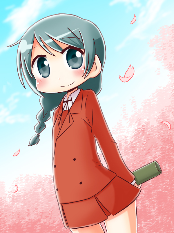 1girl arm_behind_back black_ribbon blue_sky blush braid closed_mouth clouds collared_shirt commentary_request day dress_shirt floating_hair grey_eyes grey_hair hidamari_sketch jacket long_hair naga_u natsume_(hidamari_sketch) neck_ribbon outdoors petals pleated_skirt red_jacket red_skirt ribbon school_uniform shirt single_braid skirt sky smile solo standing tube white_shirt