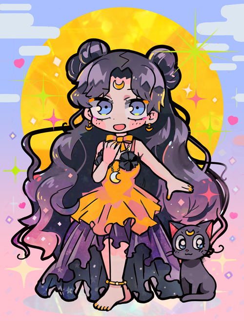 1girl anklet bare_arms bare_shoulders barefoot bishoujo_senshi_sailor_moon black_cat black_dress black_hair blue_background blue_eyes blush_stickers bow bowtie cat crescent crescent_earrings crescent_facial_mark crescent_necklace dangle_earrings dress dual_persona earrings eyelashes facial_mark fog forehead_mark full_body full_moon gradient_background hand_on_own_chest heart jewelry layered_dress long_dress long_hair looking_at_viewer luna_(sailor_moon) luna_(sailor_moon)_(human) moon multiple_hair_buns nail_polish necklace open_mouth orange_bow orange_bowtie orange_nails pink_background pleated_skirt simple_background skirt sleeveless sleeveless_dress smile sparkle striped_clothes striped_dress terada_tera toes vertical-striped_clothes vertical-striped_dress very_long_hair yellow_dress